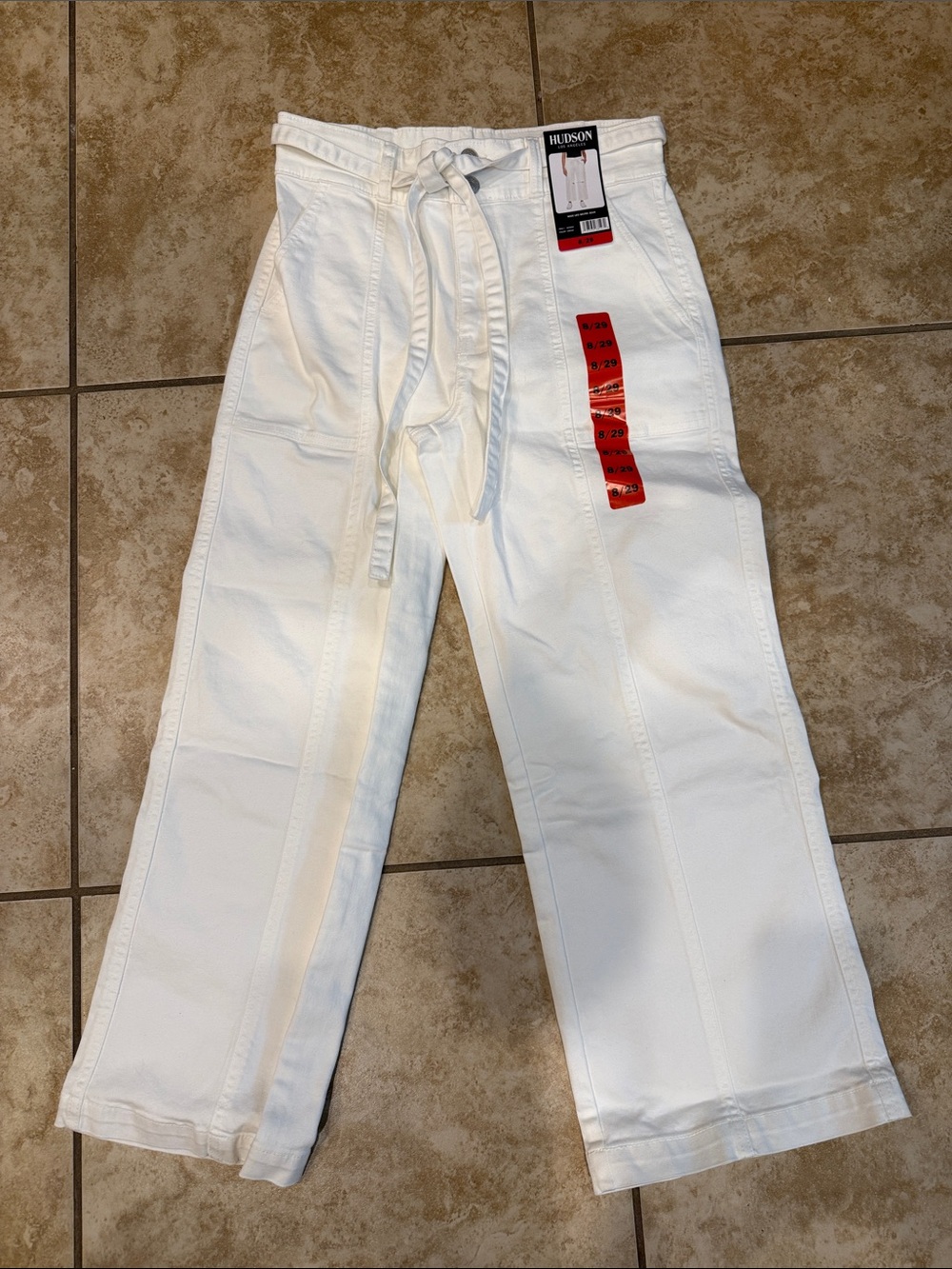 NWT Hudson Wide Leg Belted Jeans Size 8”/29”White Denim Cropped Pants
